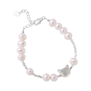 Elegant S925 silver beaded bracelet with freshwater pearls and a cute cat shell charm