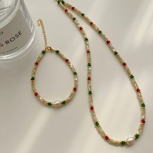 Handmade beaded necklace set with baroque pearls and colorful shell beads for women