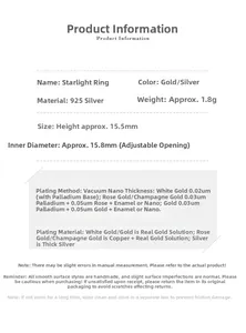 Detailed size specifications for adjustable S925 sterling silver starlight rings