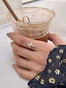 Macro detail of S925 sterling silver star ring set with elegant stacked layering look