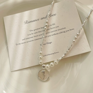 S925 silver irregular beads necklace with round pearl and rose relief pendant jewelry