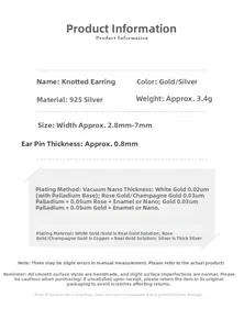 Detailed specification sheet for S925 sterling silver knot hoop earrings with sizing info