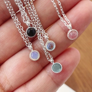 Minimalist S925 silver necklace with various natural crystal pendants in five colors