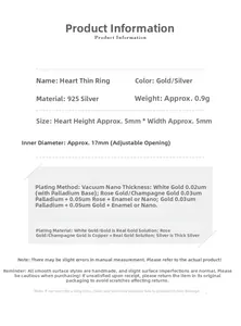 Detailed specifications for S925 sterling silver adjustable heart twist ring size info