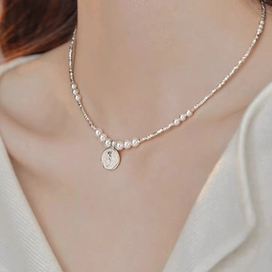 French style S925 silver necklace featuring round pearls and a rose coin pendant