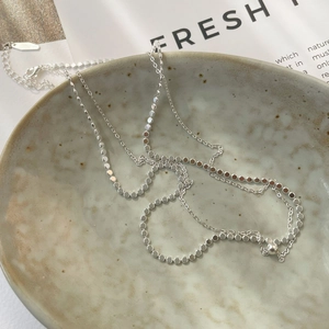 Minimalist double layer S925 sterling silver sequin necklace with a polished bead
