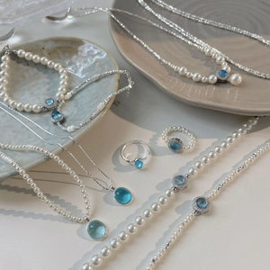 925 Sterling Silver Artificial Pearl Aquamarine Necklace Minimalist Oval Gemstone Pendant Ring Bracelet Commute Jewelry For Women