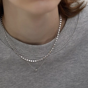 Minimalist S925 sterling silver layered necklace with tiny discs and round bead pendant