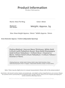 Detailed specifications for 925 silver bow ring with adjustable opening size and weight