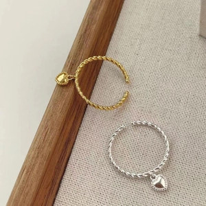 Minimalist S925 sterling silver twist rope open rings with heart charms in gold and silver