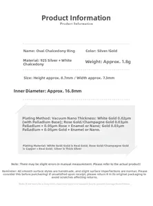 Detailed size specifications for 925 silver oval white chalcedony open ring