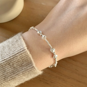 Bracelet en Argent Sterling S925 avec Breloque Cœur pour Femme Doux Nœud Poli Perlé Chaîne Réglable Bijoux Cadeau Anniversaire