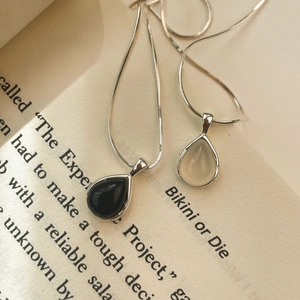 S925 sterling silver snake chain necklace with black onyx and white opal teardrop pendants