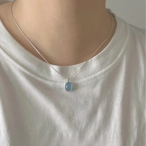 Minimalist S925 sterling silver necklace with oval aquamarine on snake chain