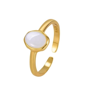 Elegant 925 sterling silver open ring featuring an oval white chalcedony gemstone