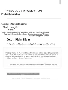 Detailed chart showing S925 sterling silver ring dimensions and vacuum plating specifications