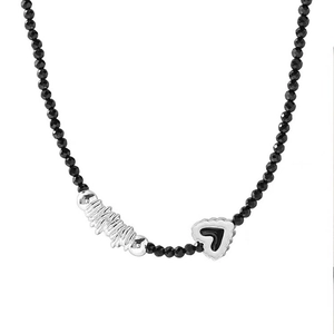 Collier en argent S925 avec perles noires facettées et pendentif cœur de style punk