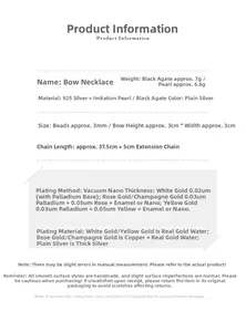 Detailed specifications table for S925 sterling silver bow necklace with pearl and agate
