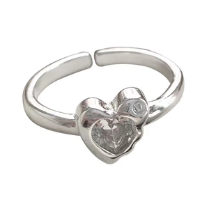 Bague réglable en argent S925 avec cristal de zircon cubique en forme de cœur