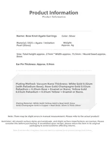 Detailed size and material specification chart for the S925 silver agate bow earrings