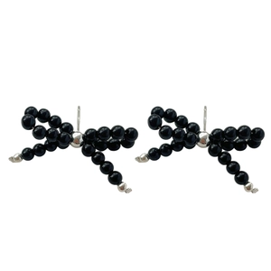925 silver beaded bow stud earrings in black and silver, minimalist Korean style jewelry