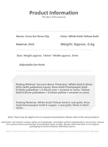 Detailed technical specifications for S925 silver cross ear cuffs with size and weight info