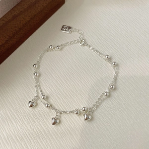 Bracelet double couche en argent sterling S925 avec breloques cœurs et perles