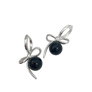 Elegant S925 sterling silver bow earrings with round black agate pearls for women