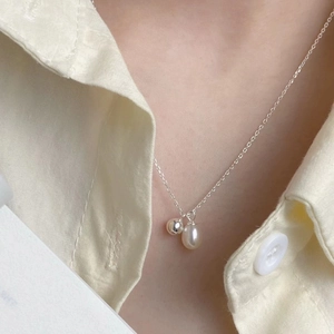 S925 sterling silver necklace with freshwater pearl and silver ball double pendant