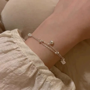 Bracelet double couche en argent S925 avec pendentif cœur et perles pour femmes