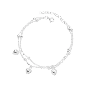 Bracelet double couche en argent S925 minimaliste avec breloques cœur et perles rondes