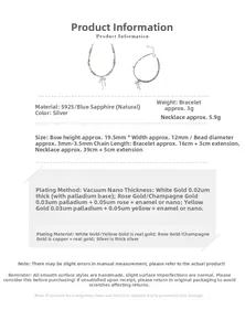 Detailed size specifications for S925 silver aquamarine necklace and bracelet set