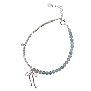 Elegant S925 silver beaded bracelet with aquamarine stones and bowknot charm