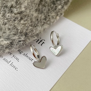 Minimalist S925 silver heart hoop earrings with iridescent mother of pearl charms