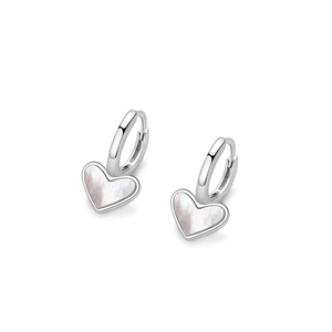 Elegant S925 silver heart hoop earrings featuring white mother of pearl inlays