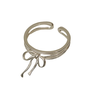 Minimalist S925 sterling silver ribbon bow open ring with double-line adjustable band