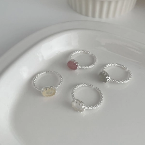 Set of four S925 silver minimalist oval crystal open rings with woven texture finish