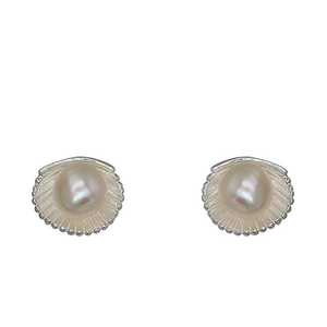 Minimalist S925 silver freshwater pearl earrings with fan-shaped shell design