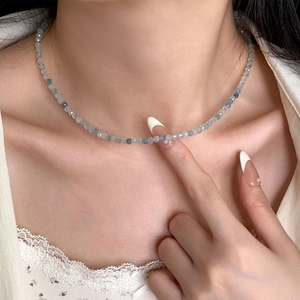Sweet S925 silver beaded aquamarine necklace with delicate natural stone beads