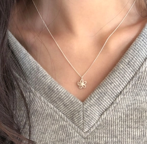 Close-up of S925 silver hollow flower pendant necklace worn on a female model