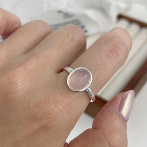 Bague en Argent Sterling S925 Calcédoine Rose Ovale pour Femmes Bague Ouverte Ajustable Simple Bijoux de Mode Cadeau