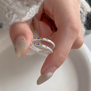 Minimalist S925 silver double layer rainbow zircon ring with adjustable open band for women