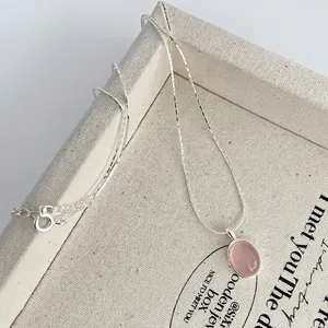 Elegant S925 sterling silver necklace with oval pink chalcedony on a sleek snake chain
