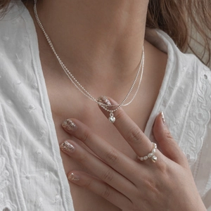 Elegant S925 sterling silver double-layer heart necklace and matching pearl heart ring set