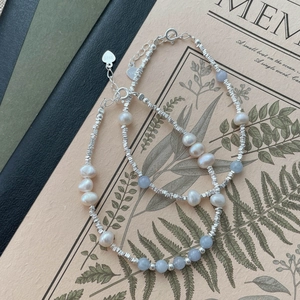 S925 sterling silver bracelet with freshwater pearls, aquamarine beads and heart charm