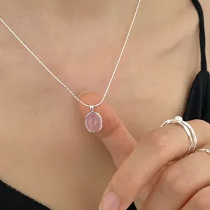 S925 sterling silver necklace with oval pink chalcedony pendant on a snake bone chain