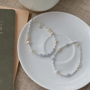 Handmade S925 silver beaded bracelet set with natural pearls and aquamarine stones