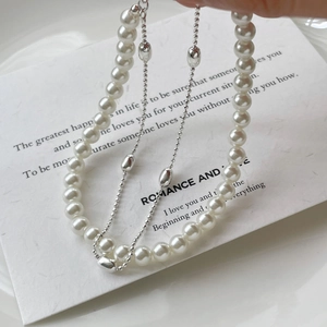 Elegant double-layer S925 sterling silver bracelet with round pearls and metal accents