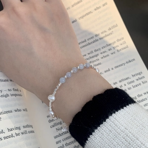S925 silver beaded bracelet with natural pearls and light blue aquamarine stones