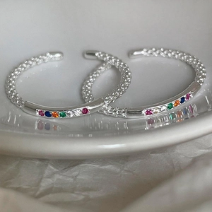 Minimalist S925 silver open ring with colorful gemstones and woven texture design